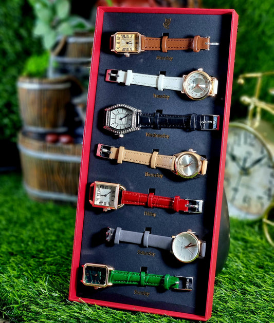 7pcs Women's Quartz Watch Week Theme Analog Vintage PU Leather Wrist Watch